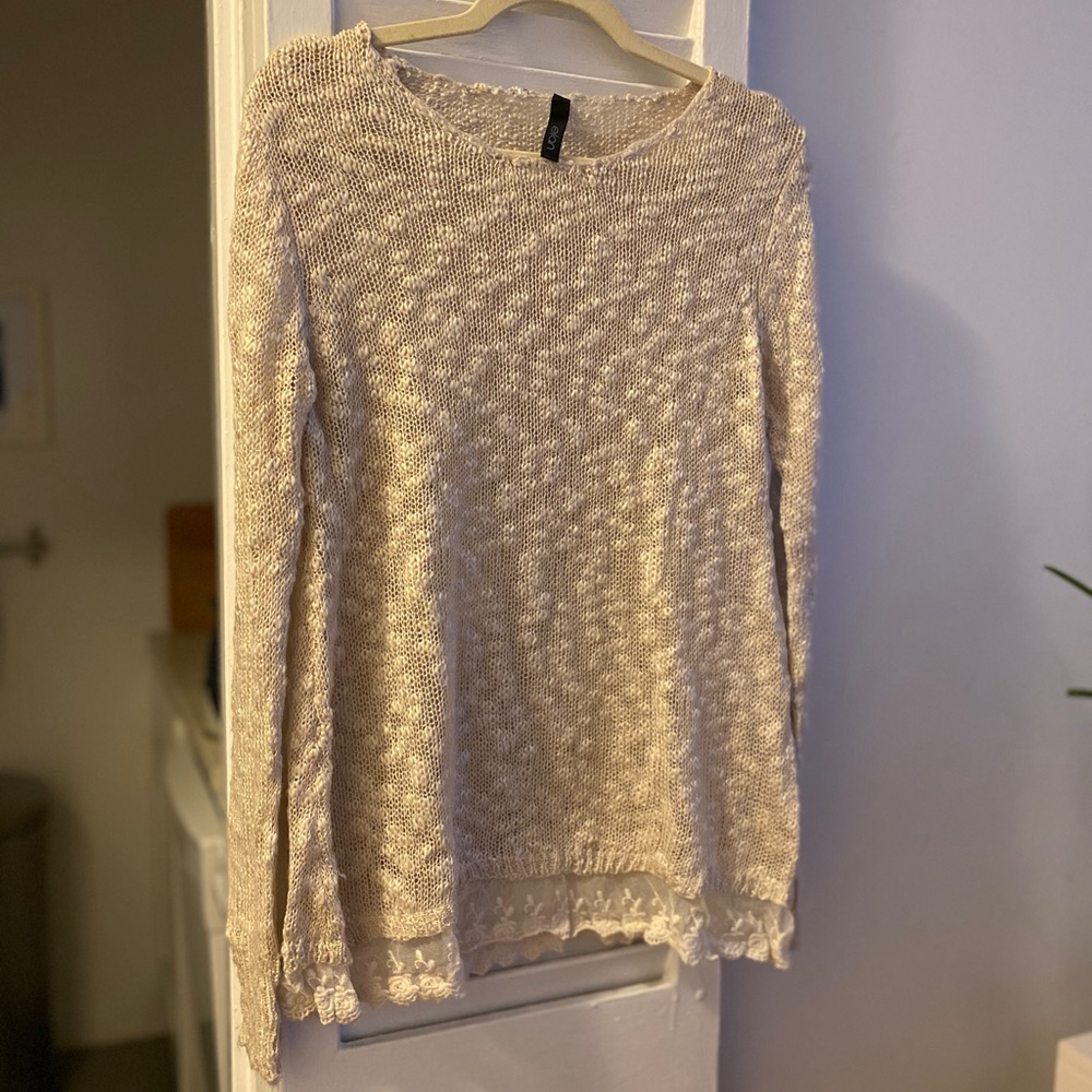 Cream Open-Knit Sweater with Lace Hem Detail | S